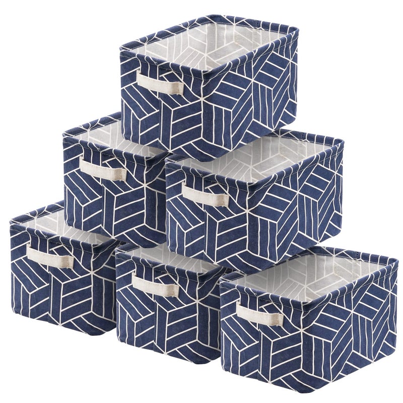 CROWNED 6 Pcs Storage Basket Foldable Cube Fabric Bins Square Mini Box Receive Organizer Rectangle Canvas with Handles for Home Office Books Small 11x8x6.3 inch Navy - Image 1